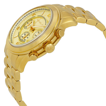 Michael Kors Runway Chronograph side profile showing gold-tone case, bracelet, and chronograph pushers