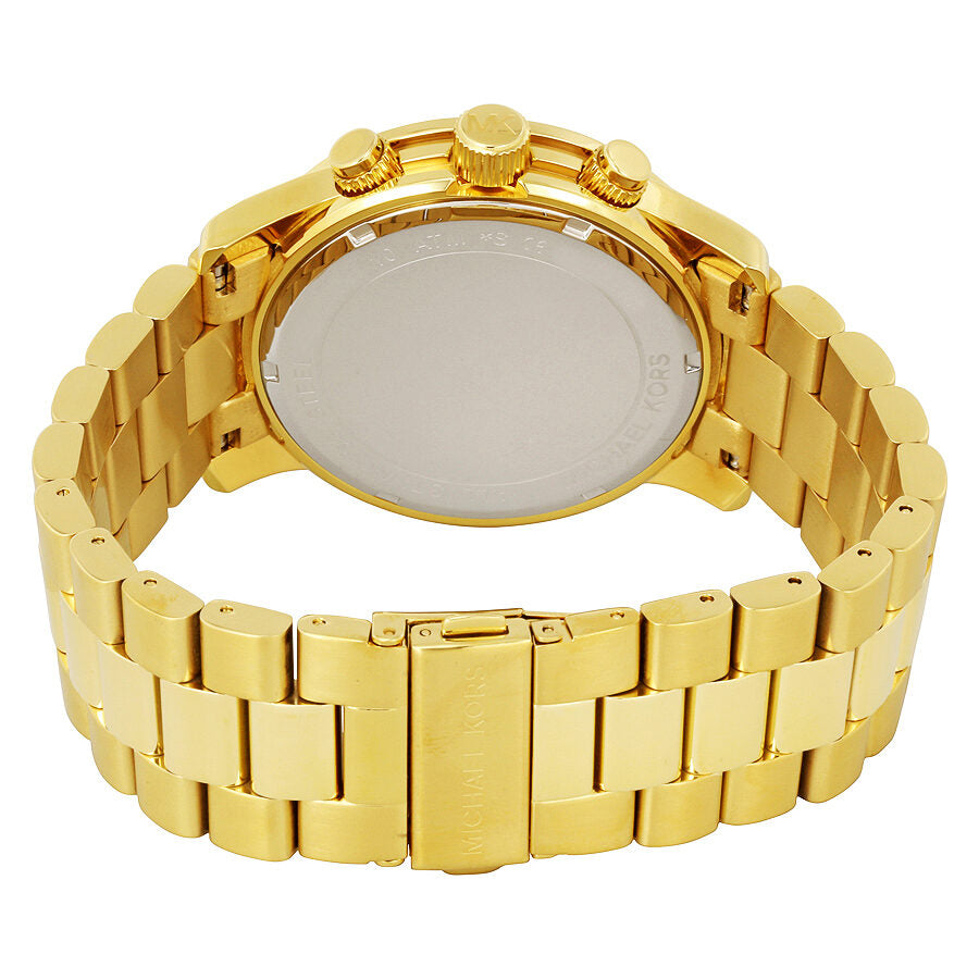 Caseback view of Michael Kors Runway Chronograph watch showing gold-tone stainless steel bracelet