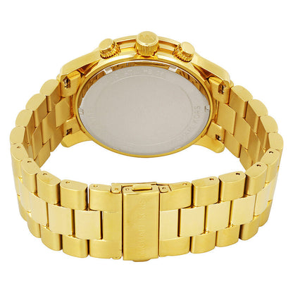 Caseback view of Michael Kors Runway Chronograph watch showing gold-tone stainless steel bracelet