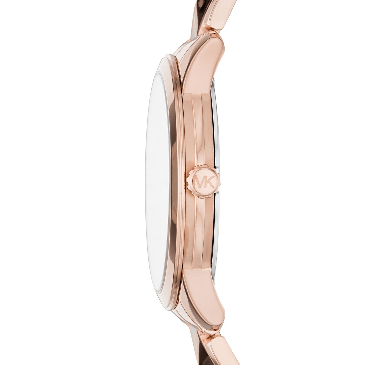 Side profile view of Michael Kors Runway Mercer watch showing rose gold case and stud bracelet