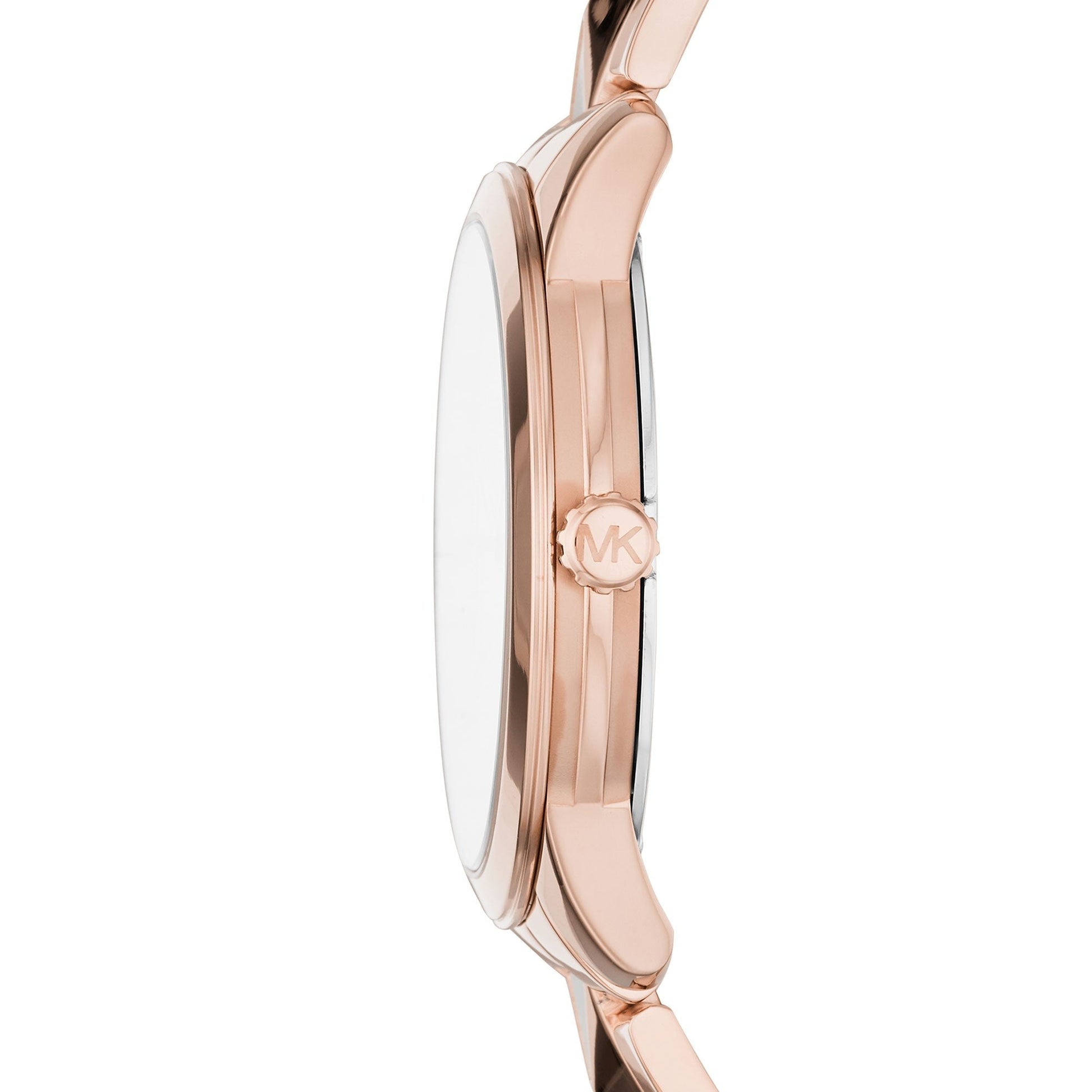 Side profile view of Michael Kors Runway Mercer watch showing rose gold case and stud bracelet