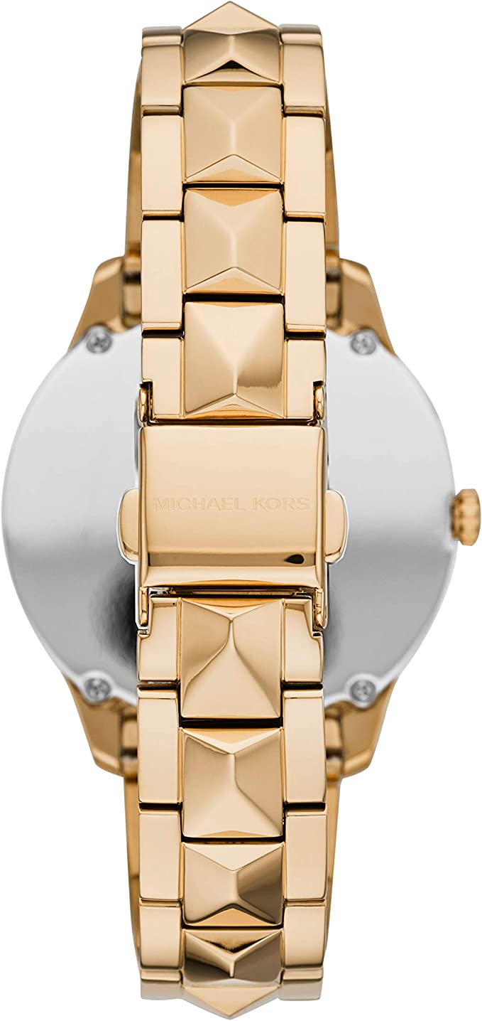 Caseback view of Michael Kors Runway Mercer watch with gold studded bracelet