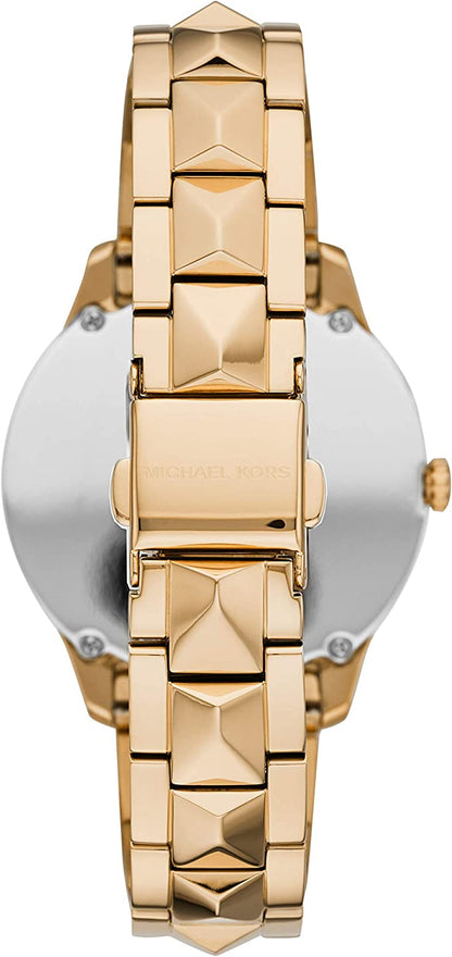 Caseback view of Michael Kors Runway Mercer watch with gold studded bracelet