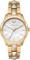 Michael Kors Runway Mercer women's watch with white dial, gold case, and studded bracelet