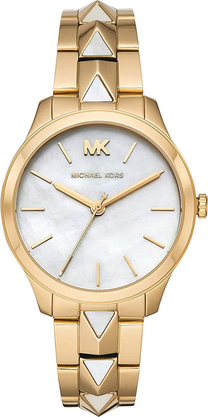 Michael Kors Runway Mercer women's watch with white dial, gold case, and studded bracelet