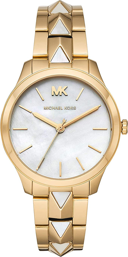 Michael Kors Runway Mercer women's watch with white dial, gold case, and studded bracelet