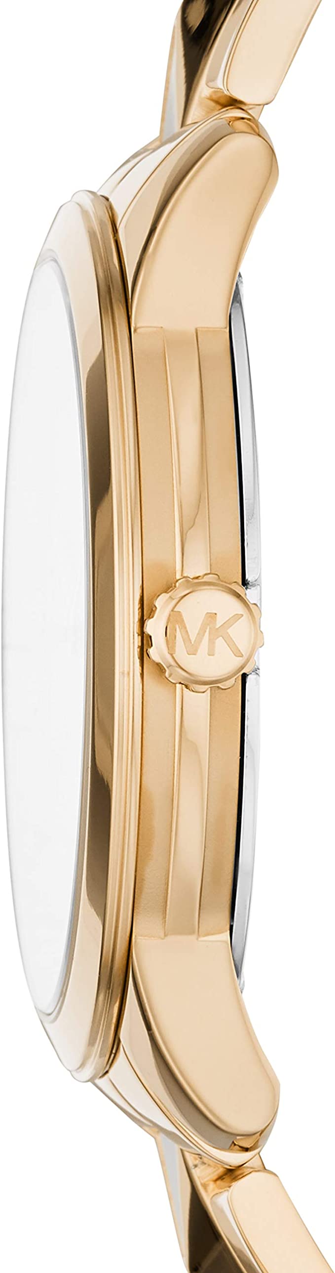Side view of Michael Kors Runway Mercer watch showing gold case profile and bracelet