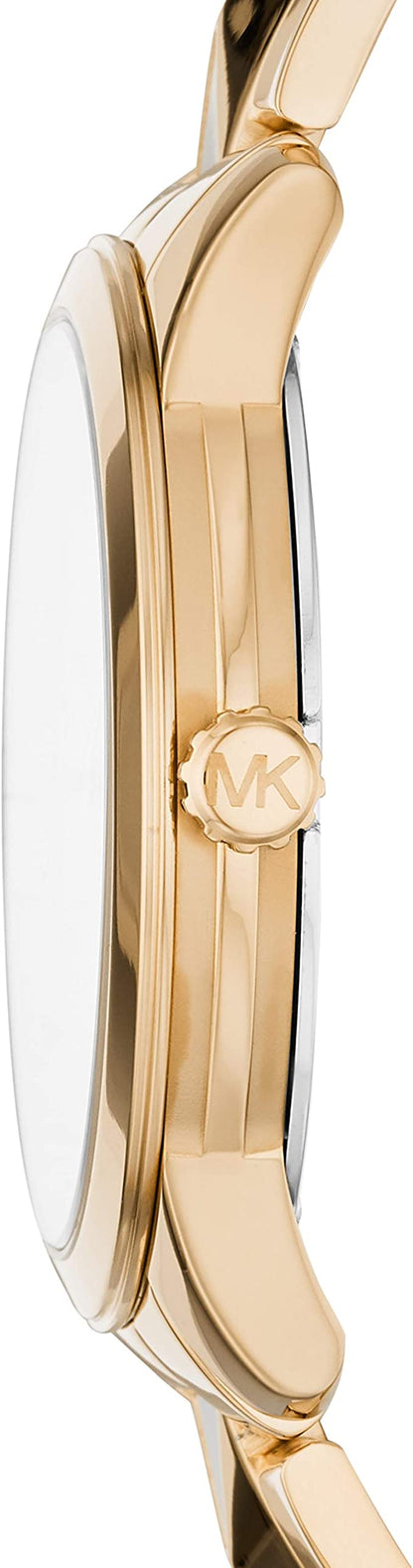 Side view of Michael Kors Runway Mercer watch showing gold case profile and bracelet