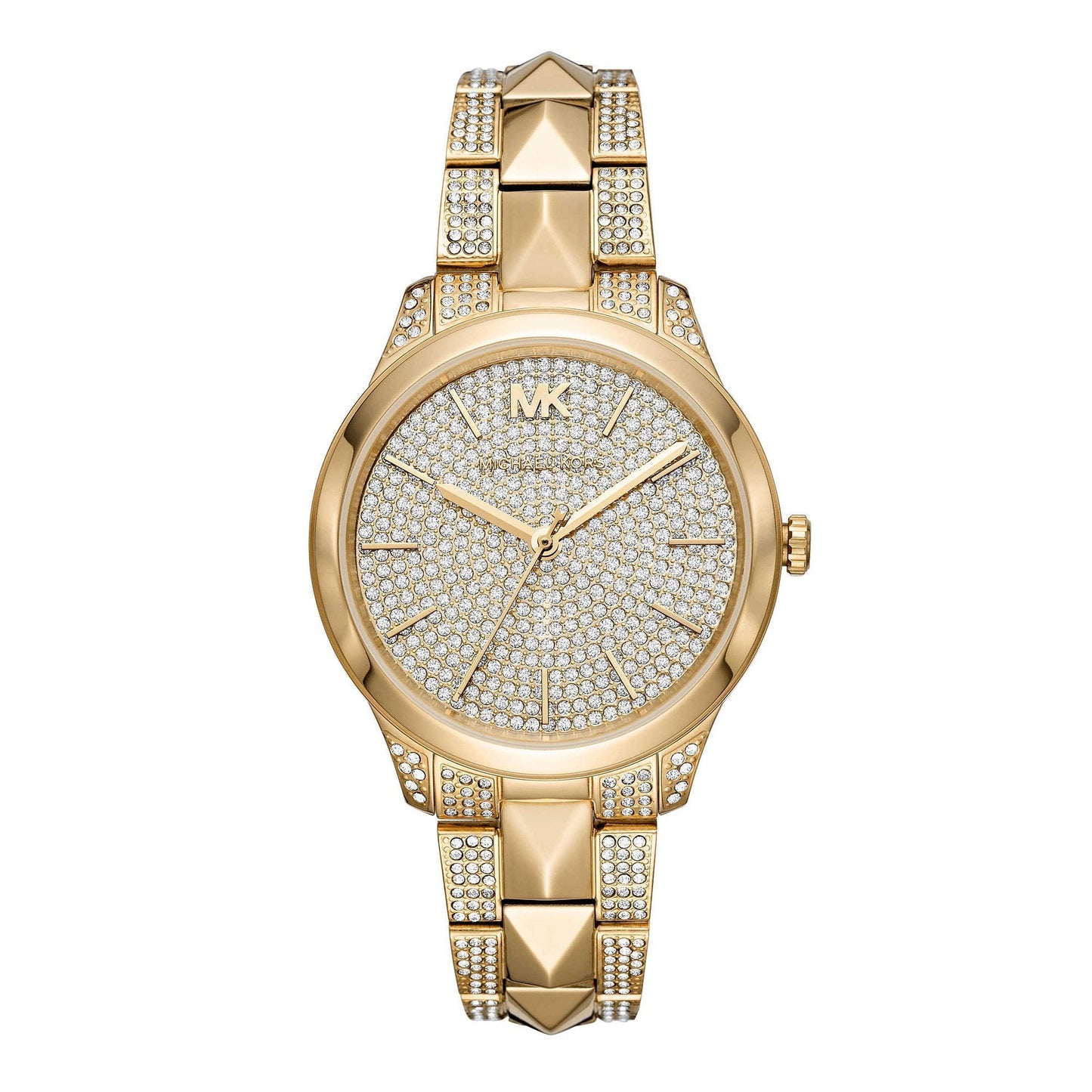 Michael Kors Runway Mercer gold women's watch with crystal-paved dial and matching gold bracelet
