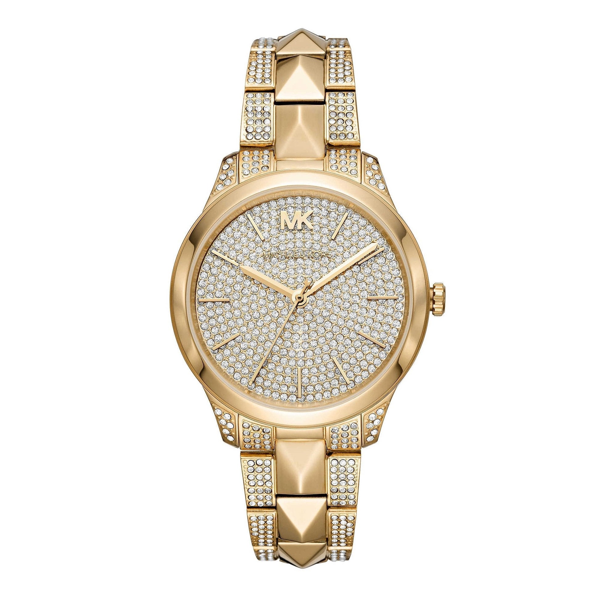 Michael Kors Runway Mercer gold women's watch with crystal-paved dial and matching gold bracelet