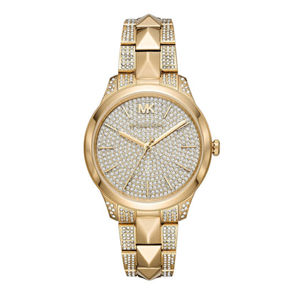 Michael Kors Runway Mercer gold women's watch with crystal-paved dial and matching gold bracelet