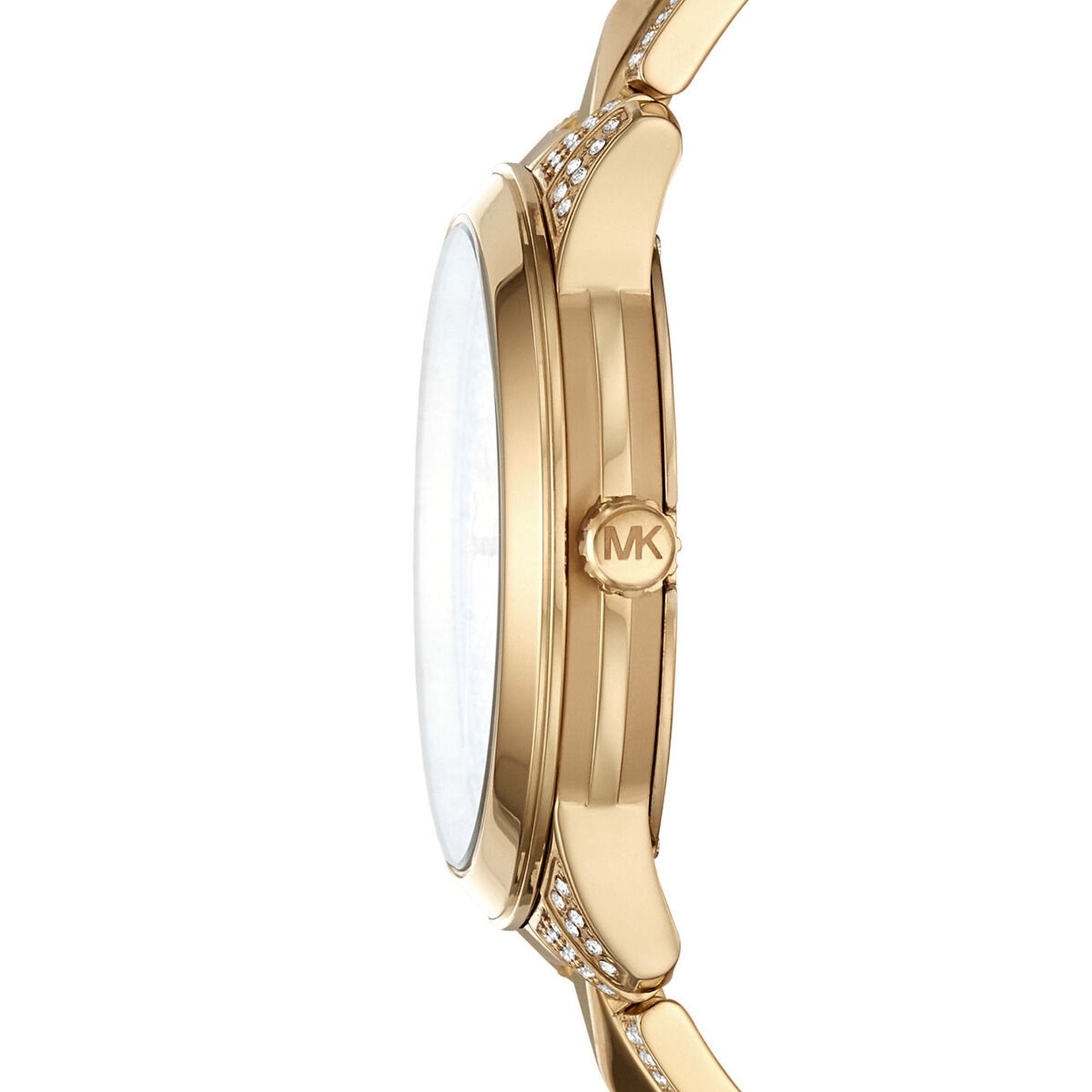 Michael Kors Runway Mercer watch side profile showing case depth and crystal paved bracelet