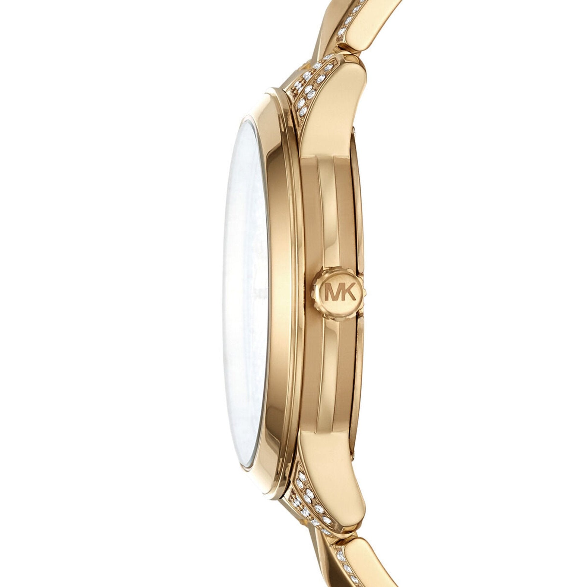 Michael Kors Runway Mercer watch side profile showing case depth and crystal paved bracelet