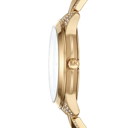 Michael Kors Runway Mercer watch side profile showing case depth and crystal paved bracelet