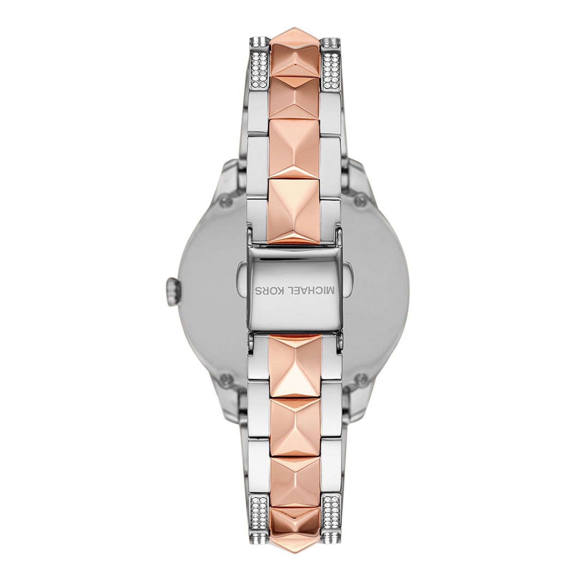 Case back view of Michael Kors Runway Mercer watch showing two-tone rose gold and silver design