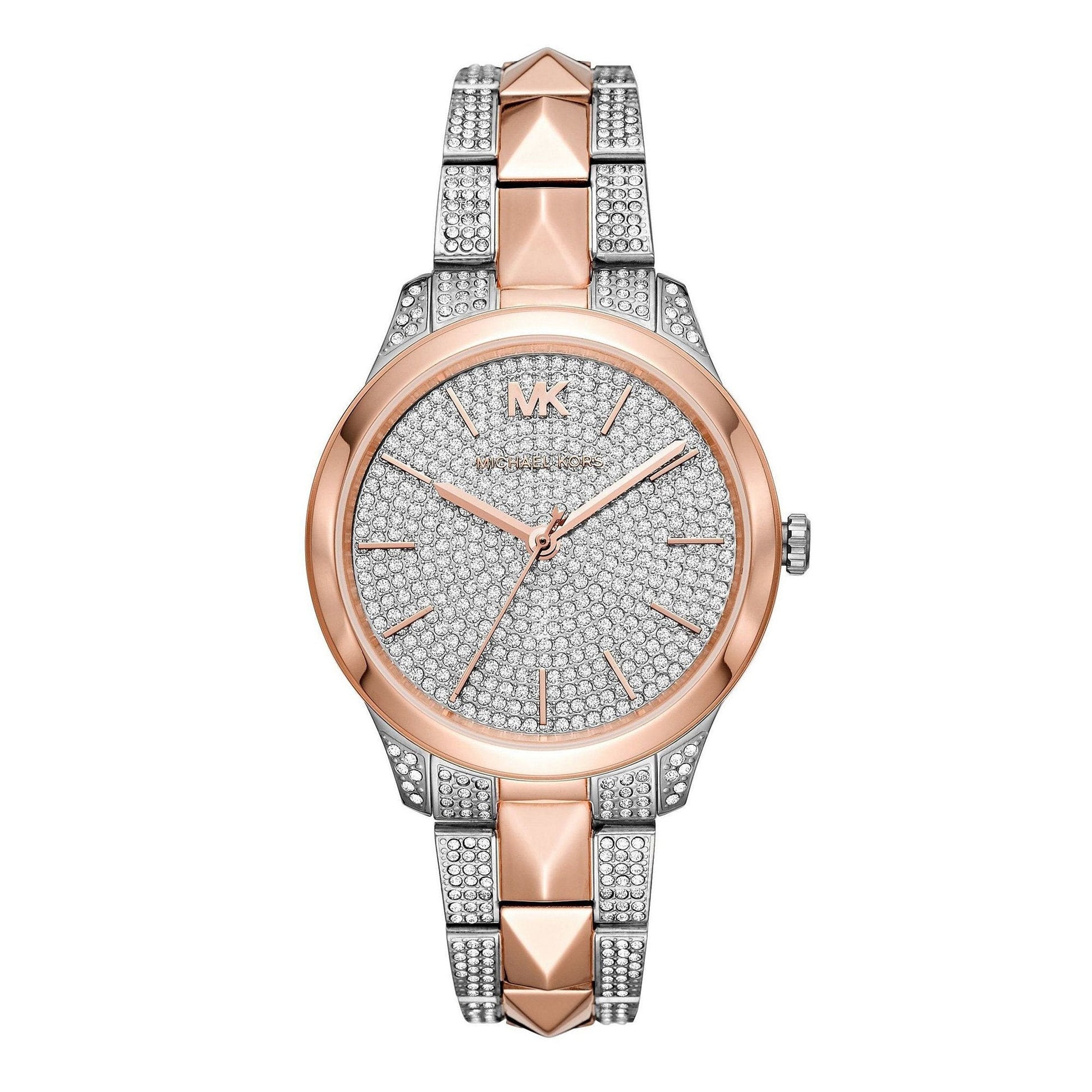 Michael Kors Runway Mercer two-tone women's watch with crystal-studded dial and rose gold and silver bracelet