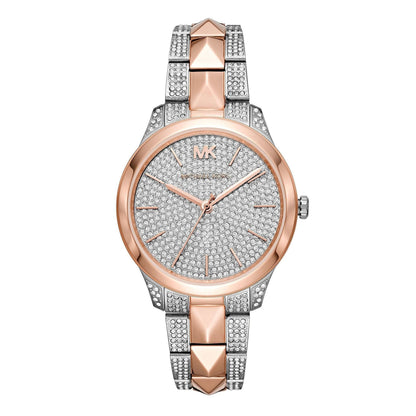 Michael Kors Runway Mercer two-tone women's watch with crystal-studded dial and rose gold and silver bracelet