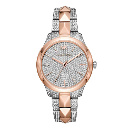 Michael Kors Runway Mercer two-tone women's watch with crystal-studded dial and rose gold and silver bracelet