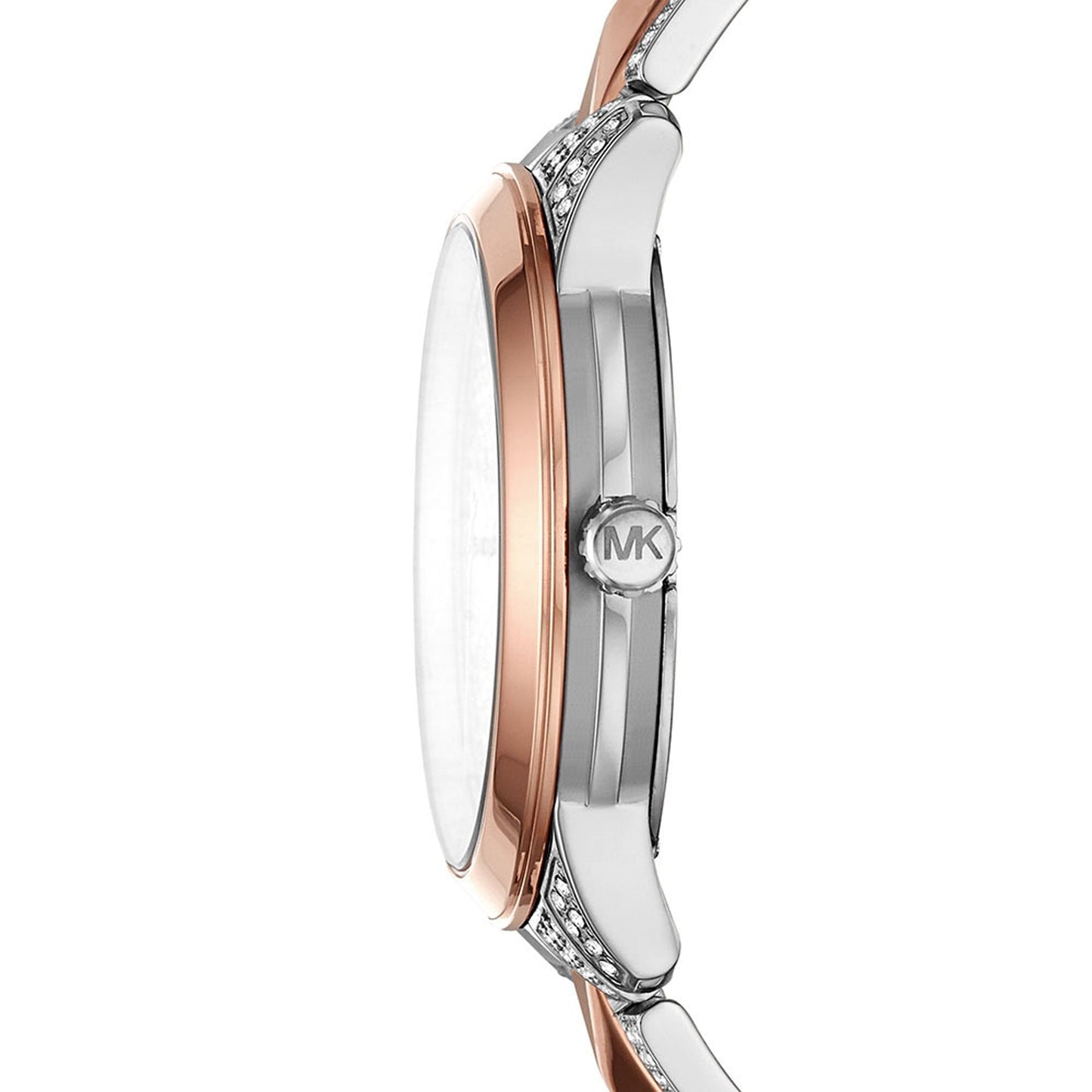 Side profile of Michael Kors Runway Mercer watch displaying rose gold and silver case and bracelet