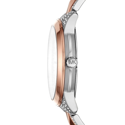 Side profile of Michael Kors Runway Mercer watch displaying rose gold and silver case and bracelet