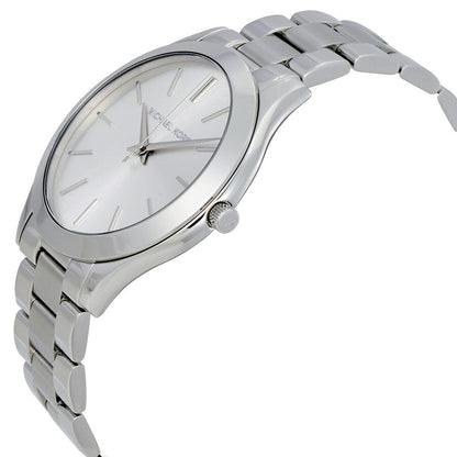 Michael Kors Runway watch side profile with stainless steel three-link bracelet