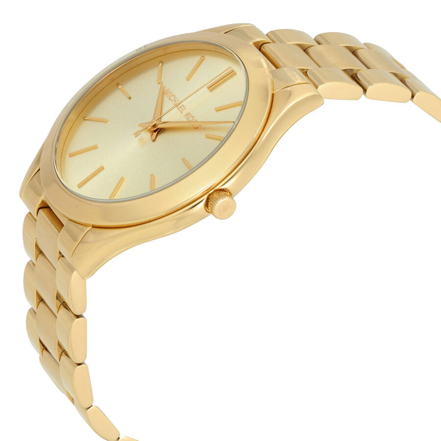 Michael Kors Runway MK3179 watch showing side profile with gold-tone case and bracelet