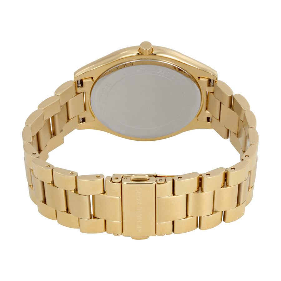 Michael Kors Runway MK3179 watch caseback showing gold-tone stainless steel bracelet
