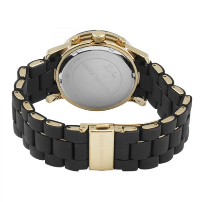 Michael Kors Runway MK5191 watch showing dial and black rubber strap with gold accents