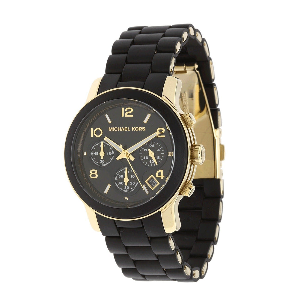 Michael Kors Runway MK5191 watch at angle showing chronograph subdials and date window