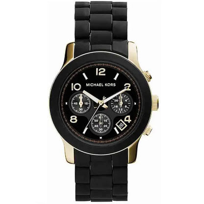 Michael Kors Runway Chronograph watch with black dial, gold-tone case and black rubber strap