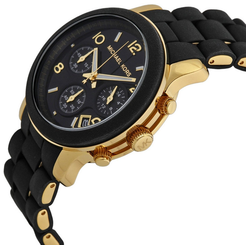 Side view of Michael Kors Runway MK5191 chronograph watch with gold and black strap