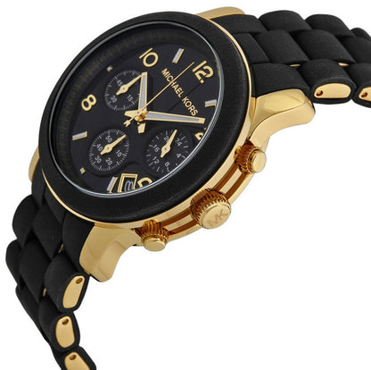 Side view of Michael Kors Runway MK5191 chronograph watch with gold and black strap