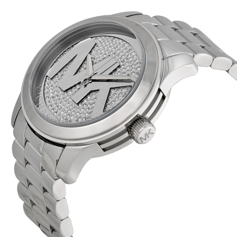 Michael Kors Runway watch at angle showing crystal pave dial and silver bracelet