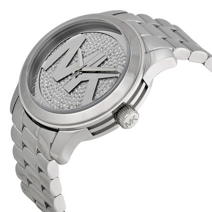 Michael Kors Runway watch at angle showing crystal pave dial and silver bracelet