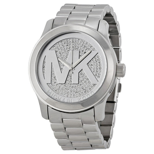 Michael Kors Runway silver-tone women's watch with crystal pave dial and MK logo