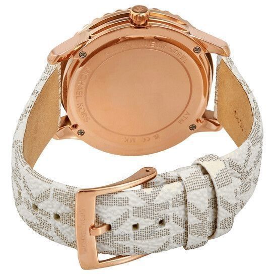 Michael Kors Runway MK6980 caseback showing rose gold-tone case with logo strap attachment and buckle