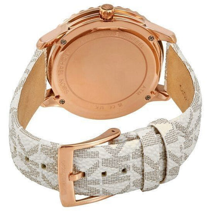 Michael Kors Runway MK6980 caseback showing rose gold-tone case with logo strap attachment and buckle