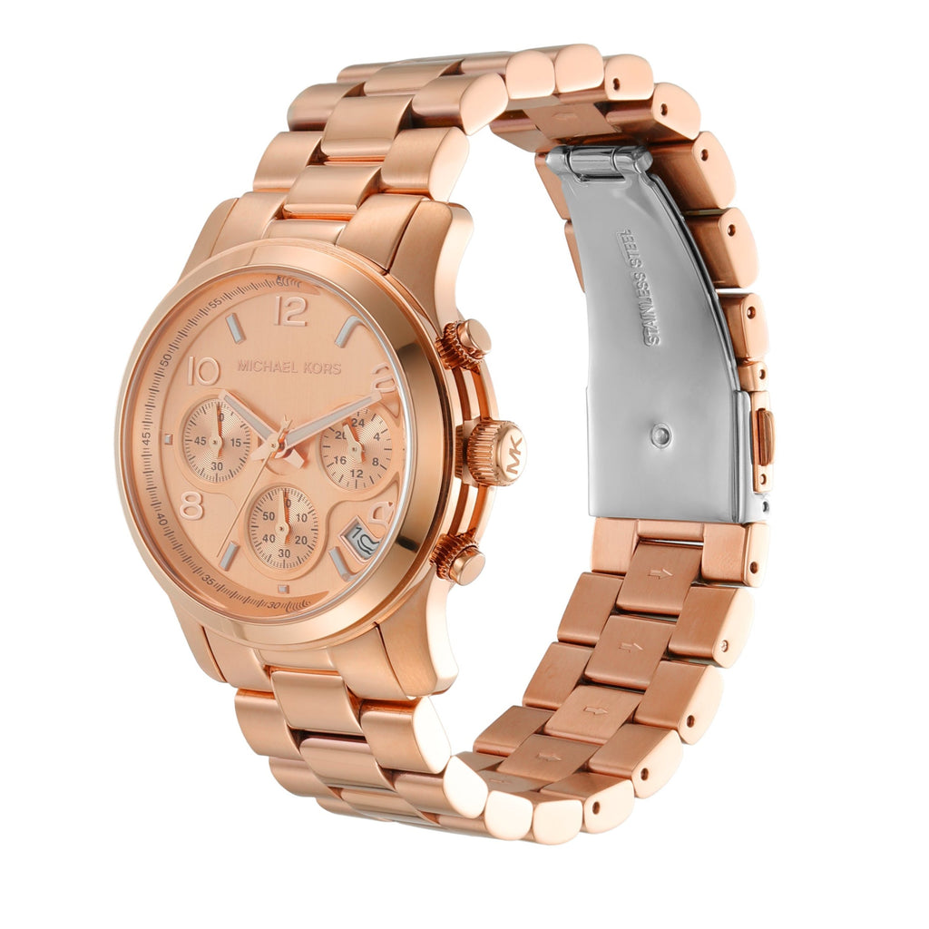 Michael Kors Runway MK7324 rose gold-tone chronograph watch shown from angle with bracelet detail