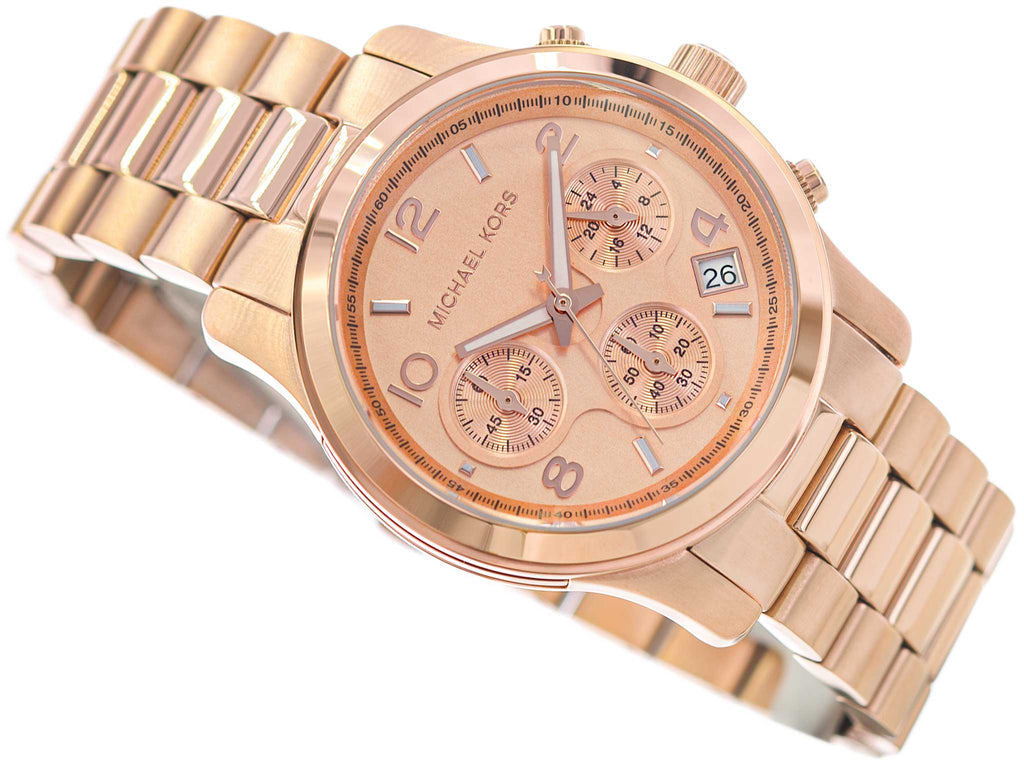 Michael Kors Runway MK7324 chronograph dial with rose gold finish, subdials, and date window