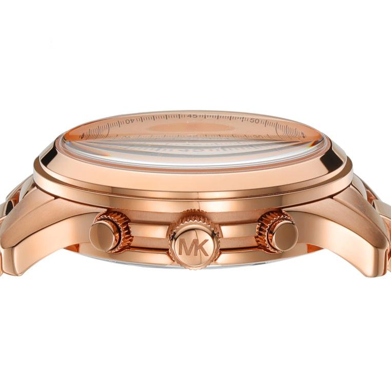Michael Kors Runway MK7324 rose gold-tone case profile showing chronograph pushers and MK logo