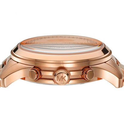 Michael Kors Runway MK7324 rose gold-tone case profile showing chronograph pushers and MK logo