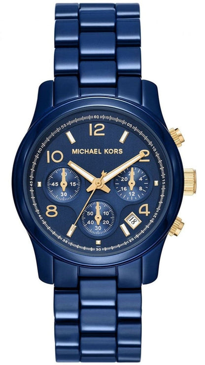 Michael Kors Runway MK7332 navy chronograph watch with gold-tone hands and numerals on navy bracelet