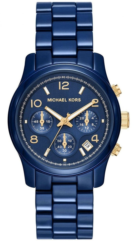 Michael Kors Runway MK7332 navy chronograph watch with gold-tone hands and numerals on navy bracelet