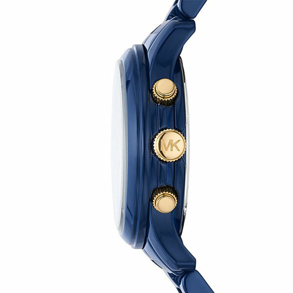 Michael Kors Runway MK7332 watch side view showing navy case with gold-tone crown and pushers