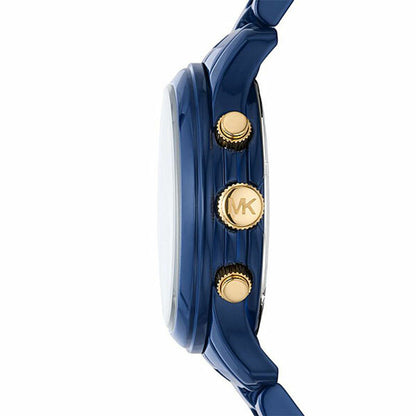 Michael Kors Runway MK7332 watch side view showing navy case with gold-tone crown and pushers