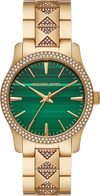 Michael Kors Runway MK7390 green dial watch with crystal-embellished bezel and gold bracelet