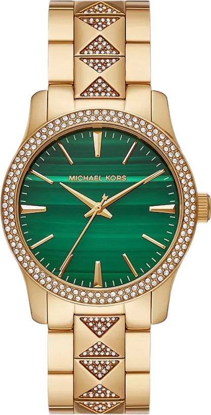 Michael Kors Runway MK7390 green dial watch with crystal-embellished bezel and gold bracelet