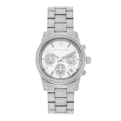 Michael Kors Runway MK7434 silver chronograph watch with pavé bezel and rhinestone bracelet