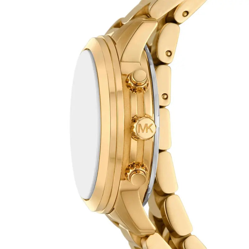 Michael Kors MK7452 watch side profile showing gold-tone case with chronograph pushers