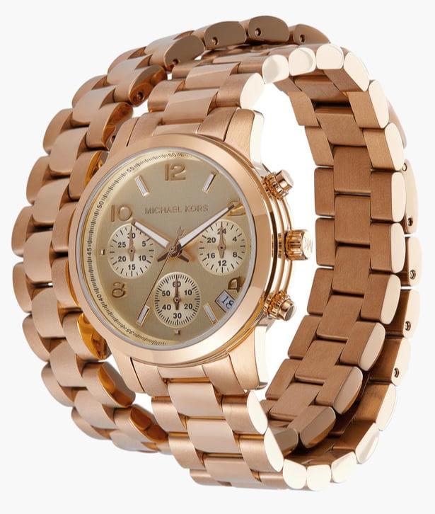 Michael Kors Runway MK7453 rose gold chronograph with two-strand wrap bracelet